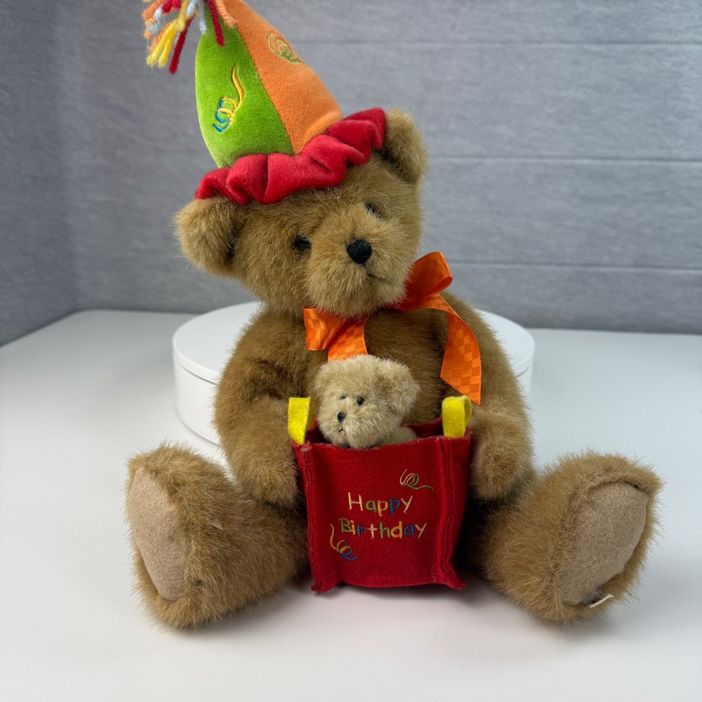 Boyds Bears Birthday Plush 12in Brown Party Hat Gift Bag Mini Bear Collectible